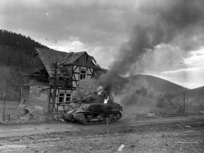 Burning M4 Sherman tank Oberkirchen Germany 1945