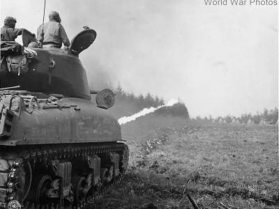 Flame Throwing M4A1(76)W Sherman of 70th Tank Battalion in action