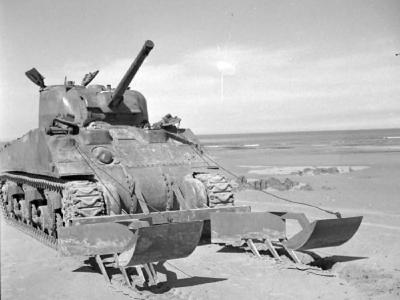 M4 of the 79th Armoured Division with Jeffries plough 26 April 1944