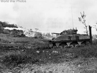 Sherman Composites (Hybrid) flame thrower in action Okinawa June 1945