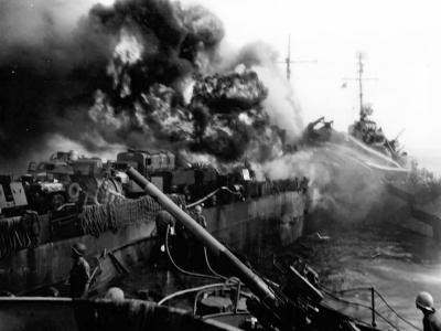 Burning Tank Landing Ship USS LST-614 Hit by Japanese Bombers off Mindoro 1945