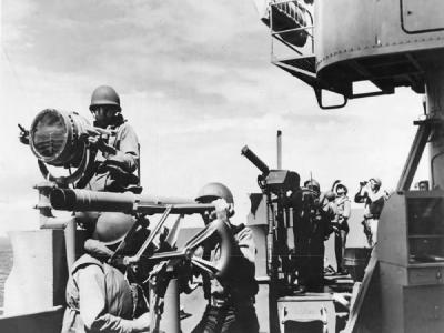 Crew in Action on Carrier Signal Bridge During Pacific Battle