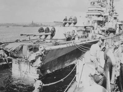Cruiser USS Pittsburgh CA-72 after the typhoon, with her bow section missing June 1945