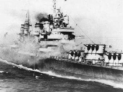 Cruiser USS Savannah (CL-42) Hit by radio controlled Fritz-X glide bomb off Salerno Italy 11 September 1943