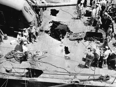 Destroyer USS Halsey Powell DD-686 After Kamikaze Attack Off Kyushu 1945
