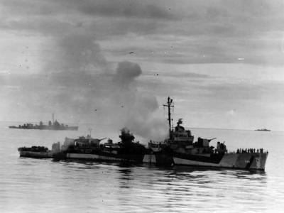 Destroyer USS Haraden DD-585 after Kamikaze Attack in Sulu Sea 13 December 1944