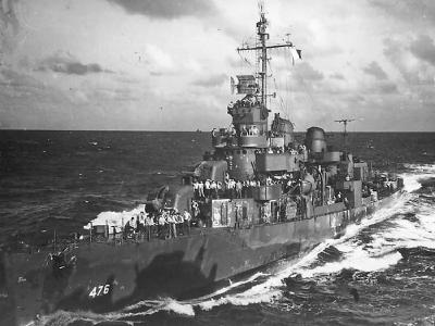 Destroyer USS Hutchins DD-476 Damaged by Kamikaze 27 April 1945