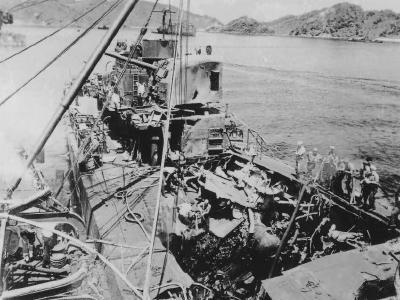 Destroyer USS Newcomb DD-586 hit by four Japanese suicide planes March 1945