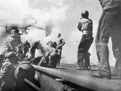 Explosion on USS Essex CV-9 after Hellcat Drop Tank Burst on Landing 1944