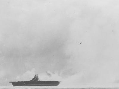 Japanese Kamikaze diving on US Navy Aircraft Carrier