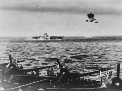 Kamikaze explode in mid air over carrier USS Bennington CV-20