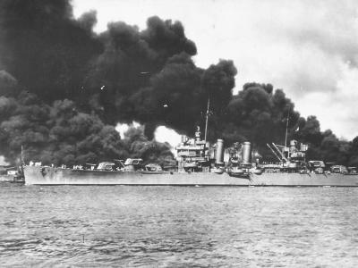 Light Cruiser USS Phoenix (CL-46) passes burning USS Arizona Pearl Harbor