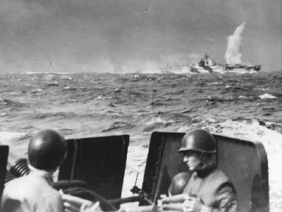 Near Miss as Japanese Bomb Explodes by US Carrier off Formosa 1944