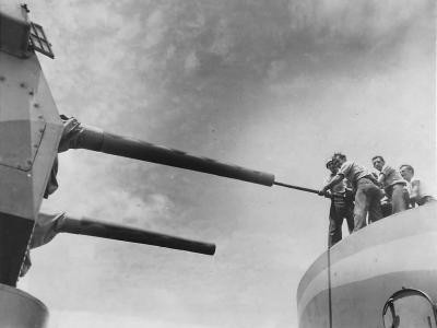 Sailors Clean Guns on US Navy Cruiser after Battle of Santa Cruz 1942