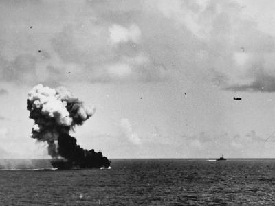 Smoke Billows from Carrier USS Suwannee CVE-27 after kamikaze attack off Leyte 25 October1944