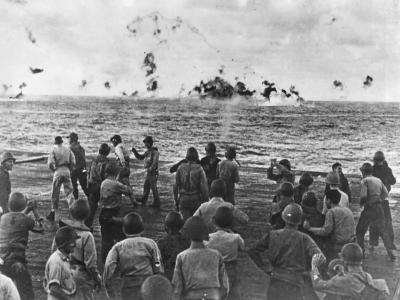 Task Force 58 Carrier Crew Cheers as Japanese Plane Goes Down pacific