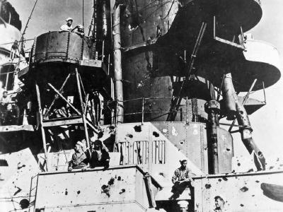 USS Birmingham CL-62 damaged by exploding USS Princeton Okinawa October 1944
