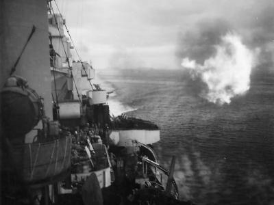USS Honolulu CL-48 Bombarding Buka Pass in the Solomons 1944