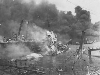 Destroyer USS Shaw (DD-373) sunk in dry dock, Pearl Harbor attack