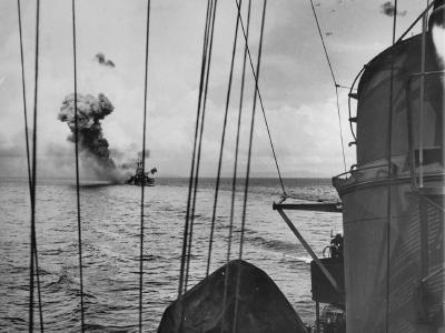 USS St. Louis CL-49 being hit by Japanese kamikaze Plane off of LEYTE Island