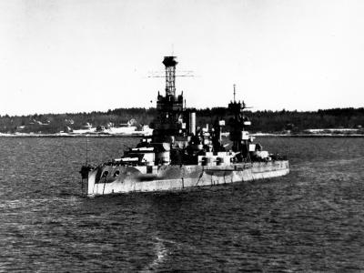 Battleship USS Arkansas anchored off Portland, February 1942