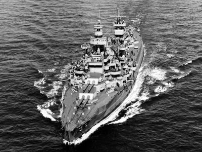 Bow view of USS Arkansas, 11 April 1944