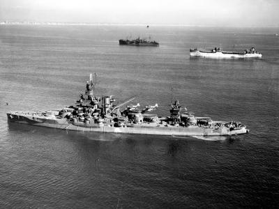 USS Arkansas in San Pedro Harbor, 1 January 1945