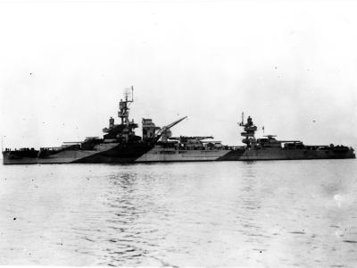 USS Arkansas with camouflage Measure 31a Design 7B, 4 November 1944