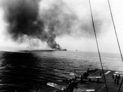 USS Bunker Hill (CV-17) burns after being hit by two kamikaze – 11 May 1945