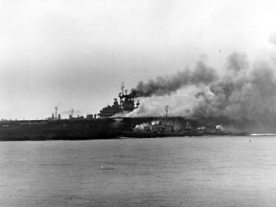 Burning USS Bunker Hill – 11 May 1945
