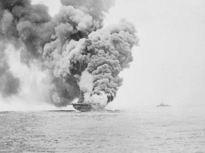 Burning aircraft carrier USS Bunker Hill CV-17 May 11, 1945
