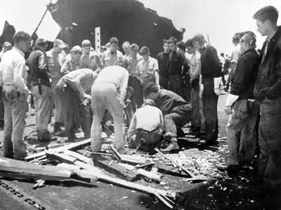 Damaged flight deck of USS Bunker Hill 1