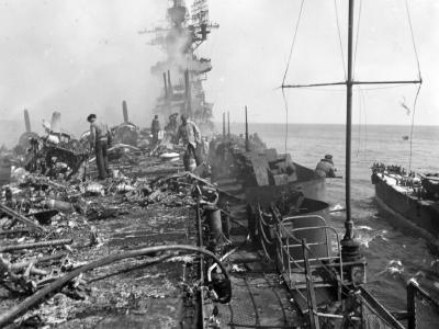 Damaged flight deck of USS Bunker Hill – 11 May 1945