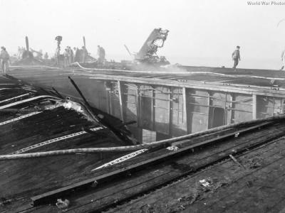 Damaged flight deck of USS Bunker Hill 3