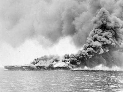 USS Bunker Hill CV-17 carrier on fire May 11, 1945