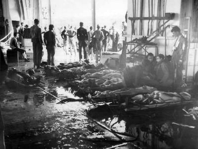 Wounded line deck of USS Bunker Hill after Kamikaze Attack 45