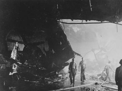 destoyed hanger deck of USS Bunker Hill CV-17 Okinawa May 1945