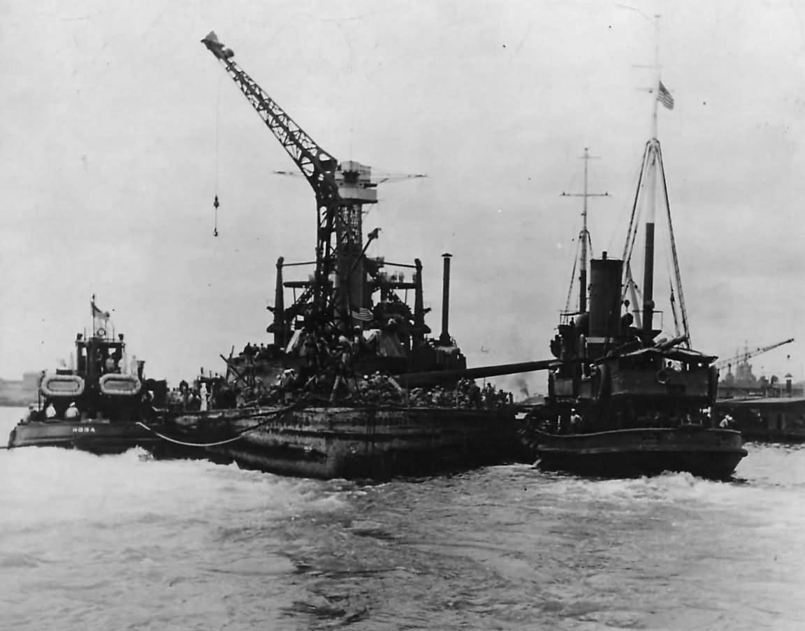 Battleship USS California BB-44 Towed to Dock at Pearl Harbor 1942