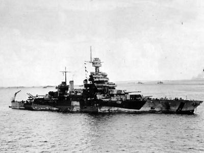 Starboard view of USS Colorado in camouflage 1944