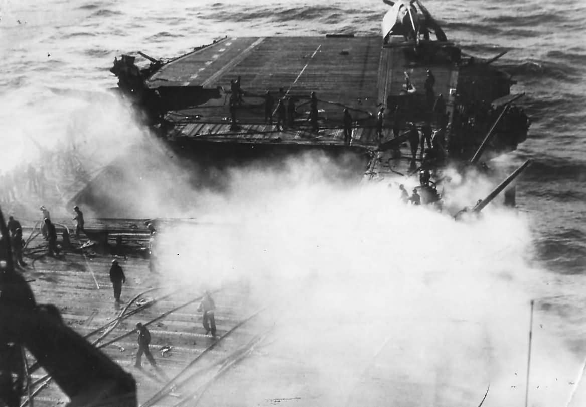 Aircraft carrier USS Enterprise CV-6 Hit by Japanese Kamikaze off Okinawa May 14, 1945