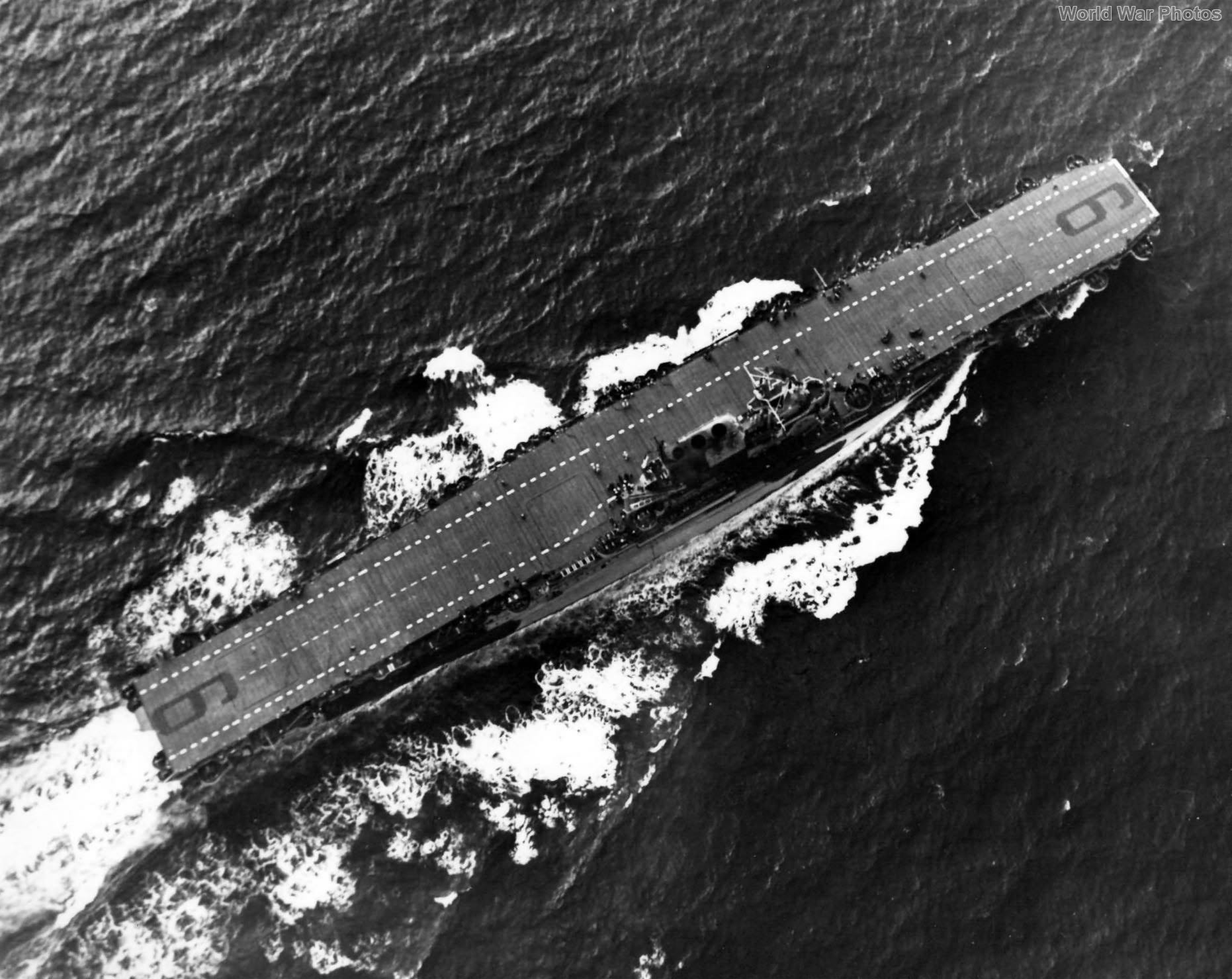 An overhead aerial view of the US Navy aircraft carrier USS Enterprise CV-6