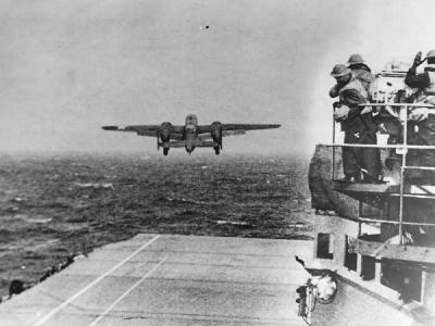 B-25 Mitchell Takes Off from USS Hornet for Doolittle Raid 1942
