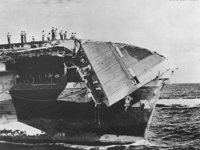 Crew Inspects Damage to Carrier USS Hornet after Typhoon june 5, 1945