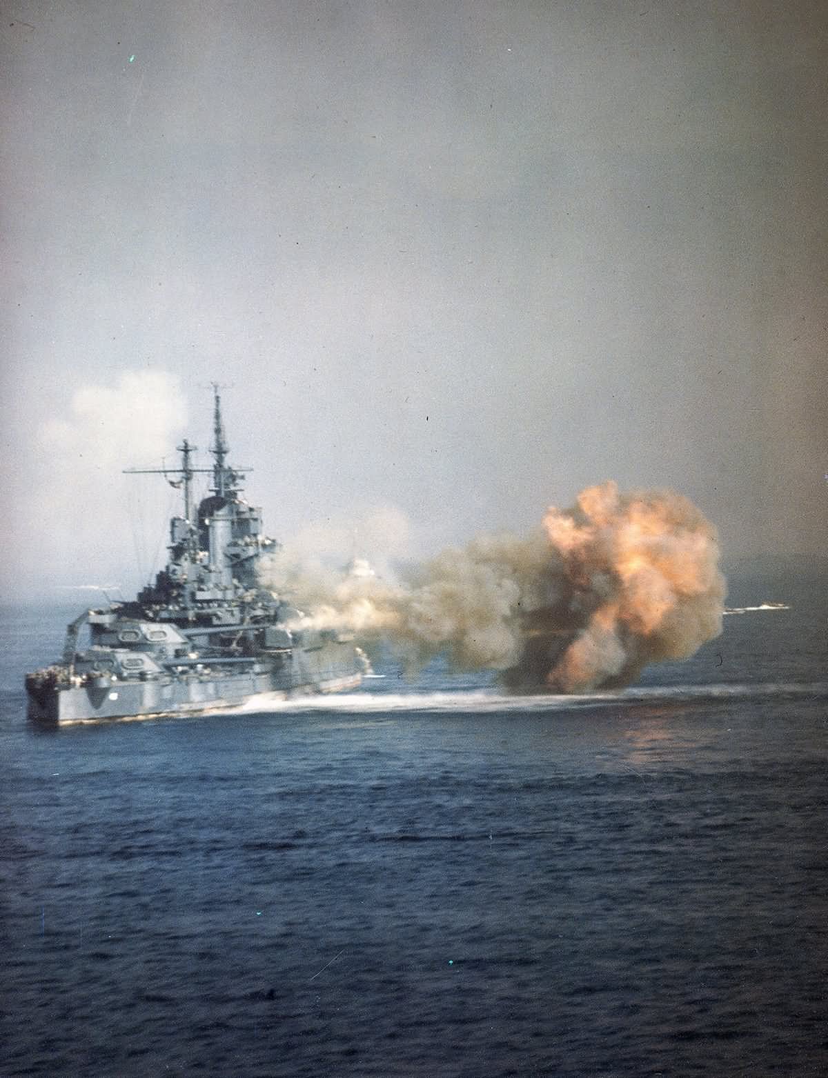 Battleship USS Idaho during the bombardment of Okinawa 1 April 1945 – color photo