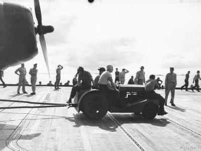 Ford 9N aircraft tug on deck of the USS Independence 1943