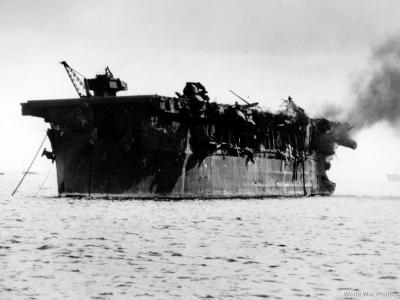 View of damage inflicted on USS Independence