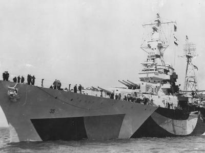 Heavy Cruiser USS Indianapolis (CA-35) In Camouflage Bow View 1944