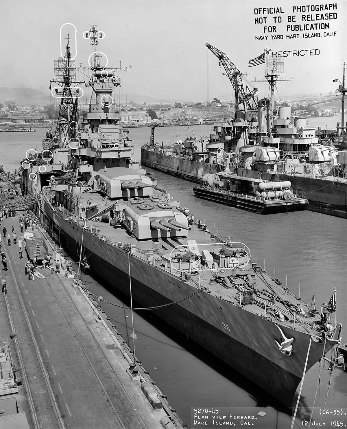 Heavy cruiser USS Indianapolis Mare Island Navy Yard after her final overhaul 12 July 1945