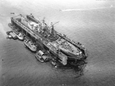 Battleship USS Iowa in floating dry dock