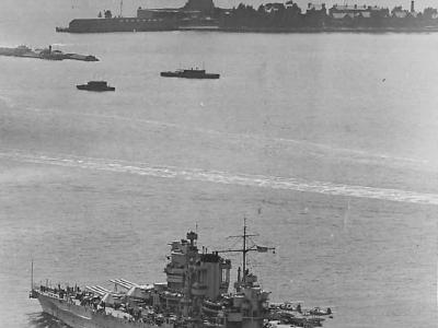 Battleship USS Mississippi on Hudson passing Statue of Liberty 1934